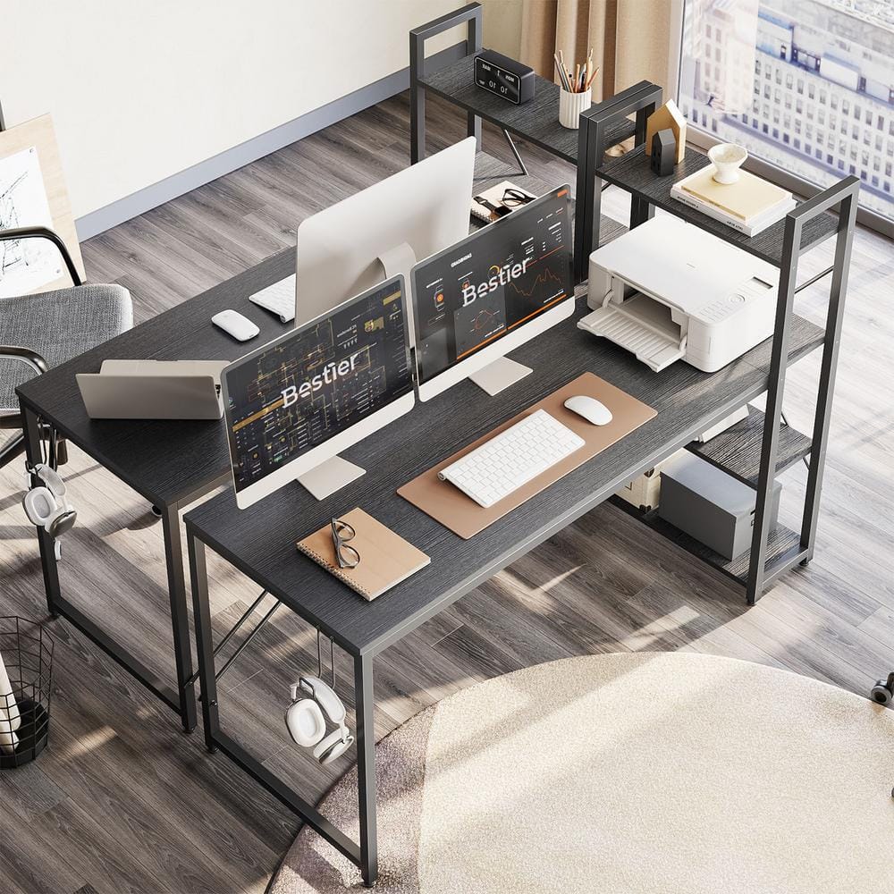 63" Black Oak Writing Desk with Headphone Hook and Reversible Bookshelf