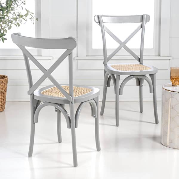 Cassis Classic Traditional X-Back Wood Rattan Dining Chair, Gray/Natural (Set of 2)