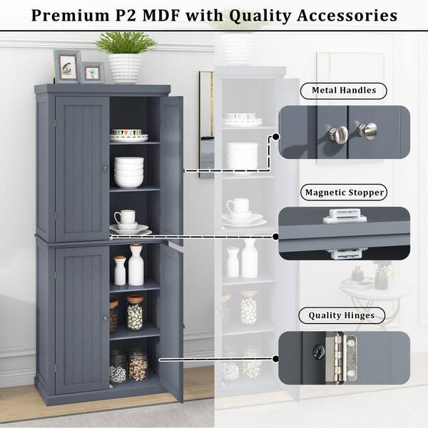 30 in. W x 14 in. D x 72.4 in. H Gray MDF Ready to Assemble Kitchen Cabinet with 4-Doors and Adjustable Shelves
