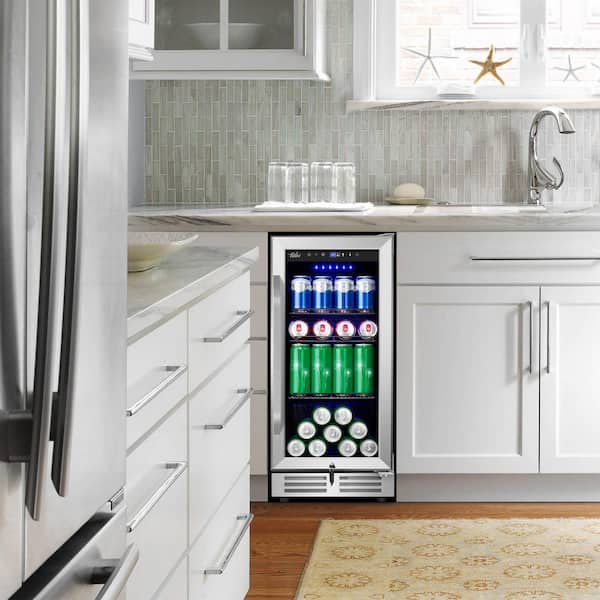 Costway - 15 inch Beverage Cooler Refrigerator 100 Can Built-in or Freestanding Wine Fridge with LED Lights and Adjustable Shelf - FP10126US-SL