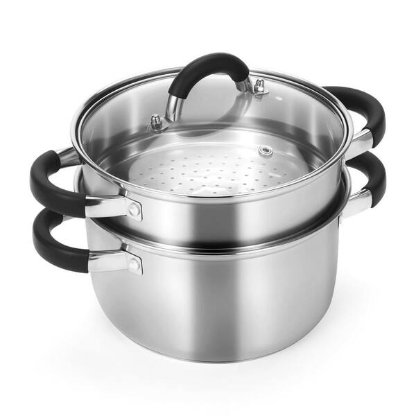 3.2 qt. Stainless Steel Steam Pot with Steamer Basket, Silicone Handle, Lid for Vegetable, Soup, 3Ply Bottom Cookware