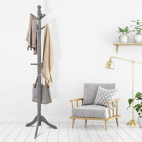 Gray Freestanding Coat Racks Coatstands with 9-Hooks and Adjustable Height for Entryway or Bedroom