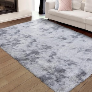 Tie-Dyed Gray 9 ft. x 12 ft. Fluffy Non-Skid with Faux Fur Back in Area Rugs