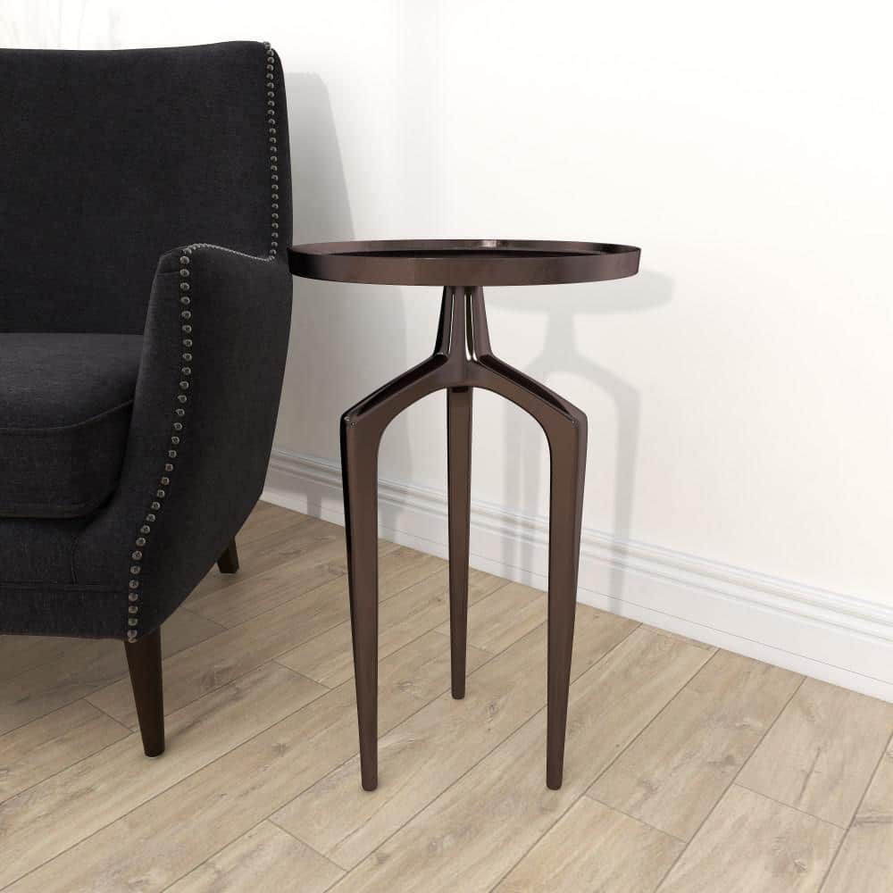 Black Aluminum Round Tray Top Accent Table with Tripod Legs