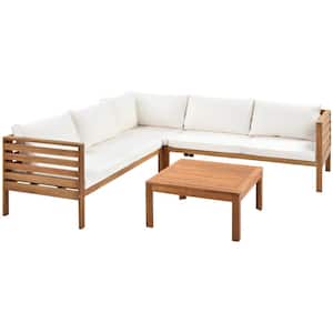 4-Piece Brown Wood Patio Conversation Set, Sofa Set with Beige Cushions, CoffeeTable