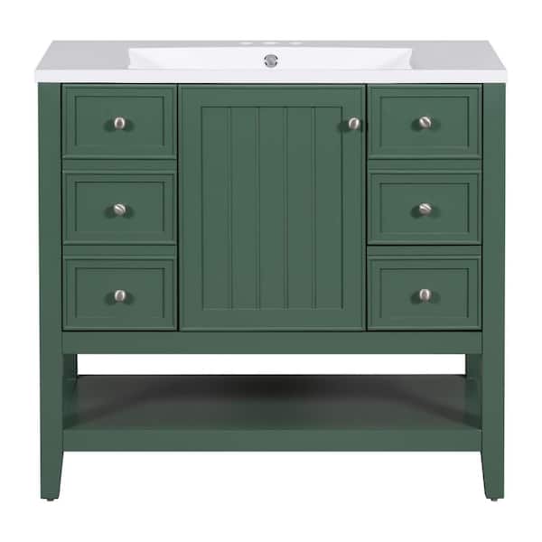 36 in. Single Sink Freestanding Green Bath Vanity with White Ceramic Sink Top