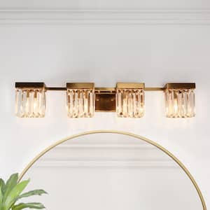 Modern Plating Brass Bathroom Crystal Vanity Light Contemporary 31.5 in. 4-Light Square Decorative Wall-mounted Sconce