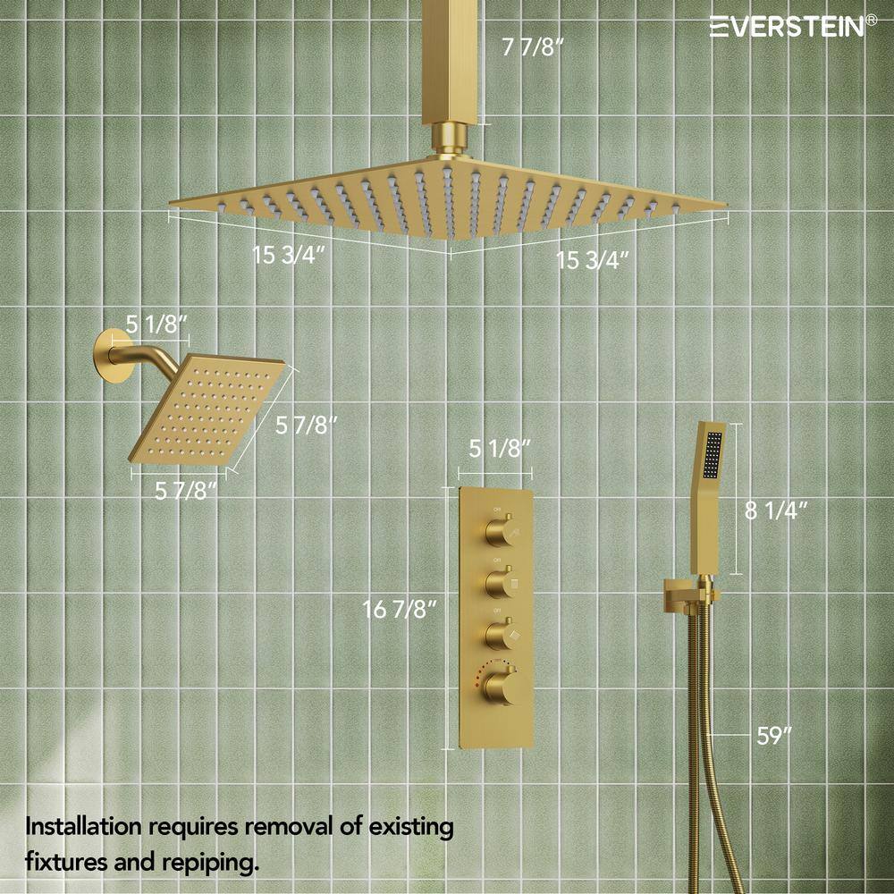 Gold Stainless Steel Dual Shower Head System with Thermostatic Valve