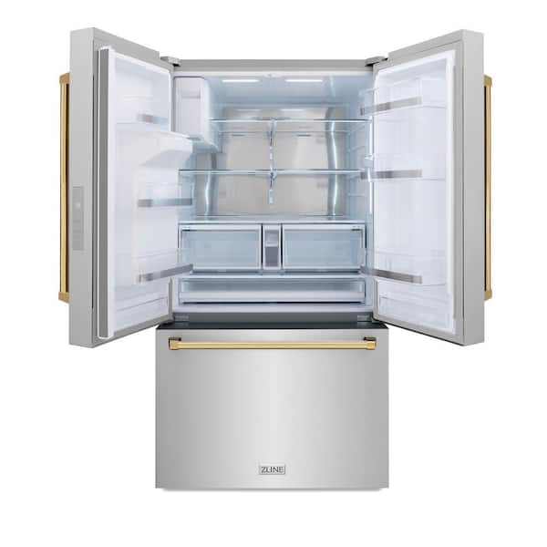 36 in. 3-Door French Door Refrigerator w/ Ice, Water Dispenser in Fingerprint Resistant Stainless Steel, Polished Gold