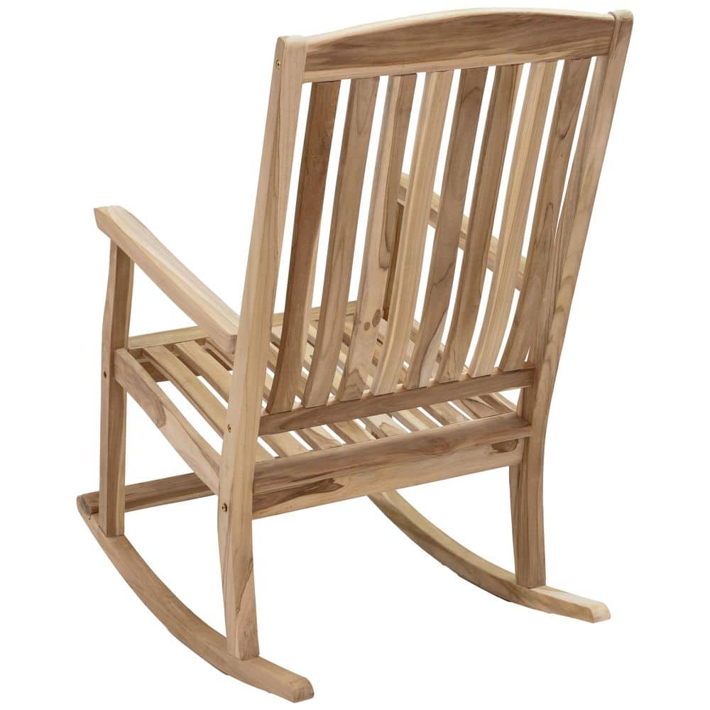 Rear view of a teak wood outdoor rocking chair.