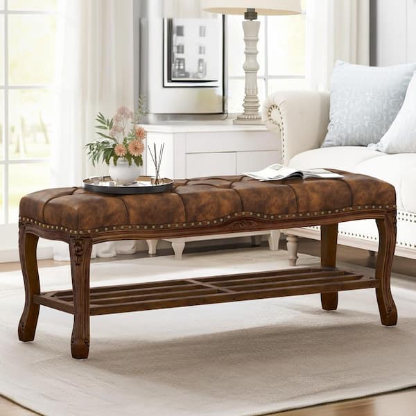45.3 in. JULIO Yellow Brown Color Faux Leather Wood Frame Button-tufted Cushion Armless Bench With Storage Rack