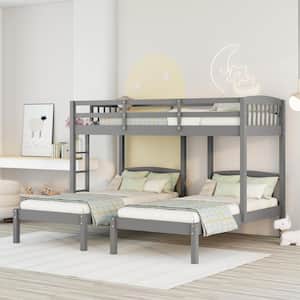 Gray Twin Over Twin and Twin Bunk Bed with Built-in Middle Drawer