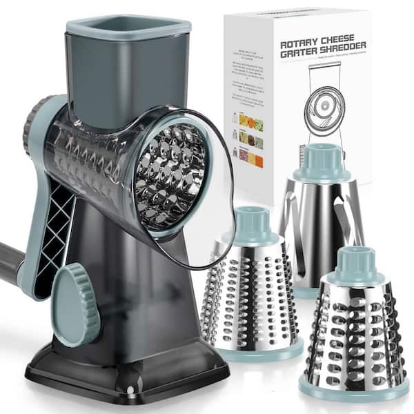 Grey Blue ABS Plastic Cheese Grater Hand Crank Transparent, Shredder Slicer Grinder 3 Stainless Steel Blades