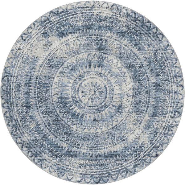 Dream Shag Premium Machine Washable Abstract ADS113 Blue 8 ft. x 8 ft. Round Rug