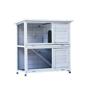 White Rabbit Hutch Outdoor, 2-Story Rabbit Cage with 2-Removable No-Leak Trays, Small Animals Cages with Non-Slip Ramp
