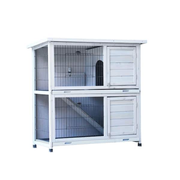 Tatayosi White Rabbit Hutch Outdoor, 2-Story Rabbit Cage with 2-Removable No-Leak Trays, Small Animals Cages with Non-Slip Ramp