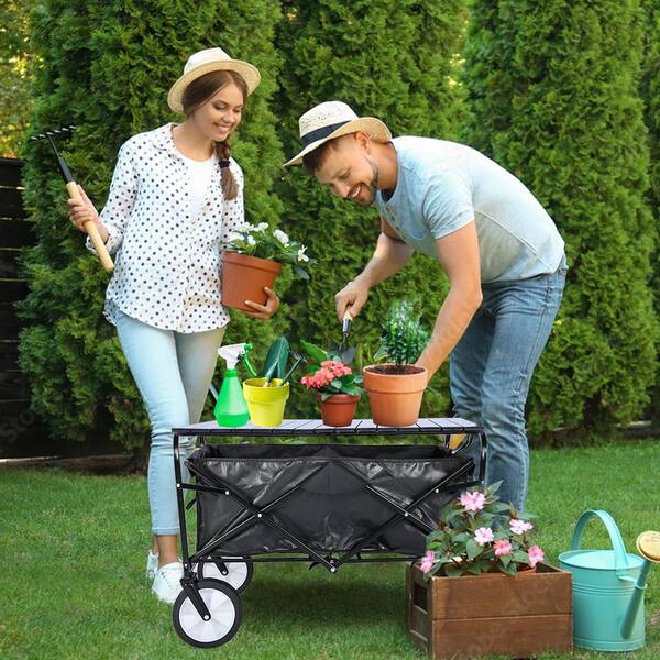 Unbranded - 4.2 cu. ft. Black Steel Garden Cartwith Universal Anti-slip Wheels and Adjustable Handle, Metal Board Desktop