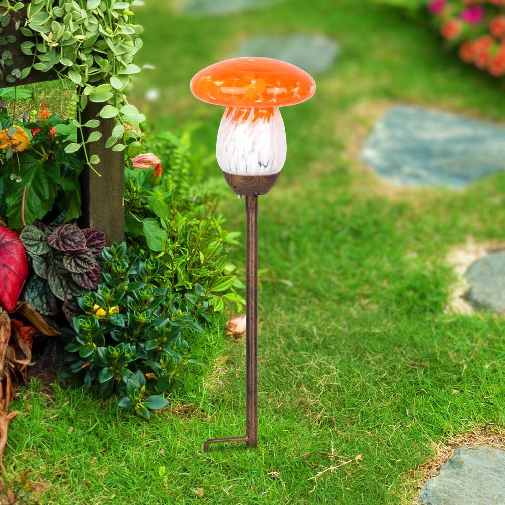 Solar Orange and White Glass Mushroom Garden Stake