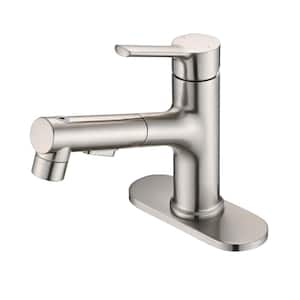 Single Handle 1 or 3-Hole Bathroom Faucet with Deckplate Included and Drain Kit Pull Down Sprayer in Brushed Nickel