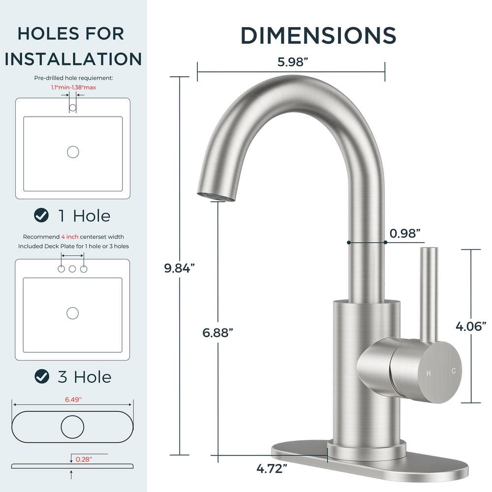 Brushed Nickel Single Handle High Arc Bathroom Faucet with Drain Kit
