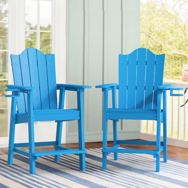 LUE BONA Felder Blue Recycled Poly Weather Resistant Tall Plastic Adirondack Outdoor Bar Stool With Cup Holder For Pool(2-Pack)
