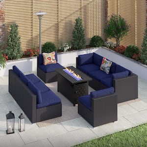 Dark Brown Rattan Wicker 8 Seat 9-Piece Steel Outdoor Fire Pit Patio Set with Blue Cushions and Rectangular Fire Pit