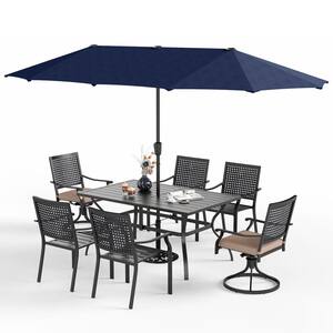 Black 8-Piece Metal Patio Outdoor Dining Set with Navy Umbrella and Swivel Chairs with Beige Cushions