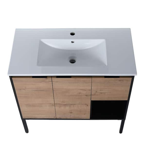 CASAINC 18 in. W x 36 in. D x 35 in. H Freestanding Bath Vanity in Brown with White Top with Ceramic Sink
