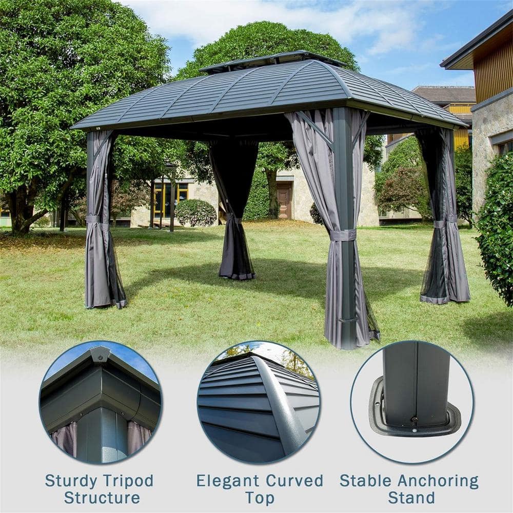 10' x 12' Black Aluminum Patio Gazebo with Curtains and Netting