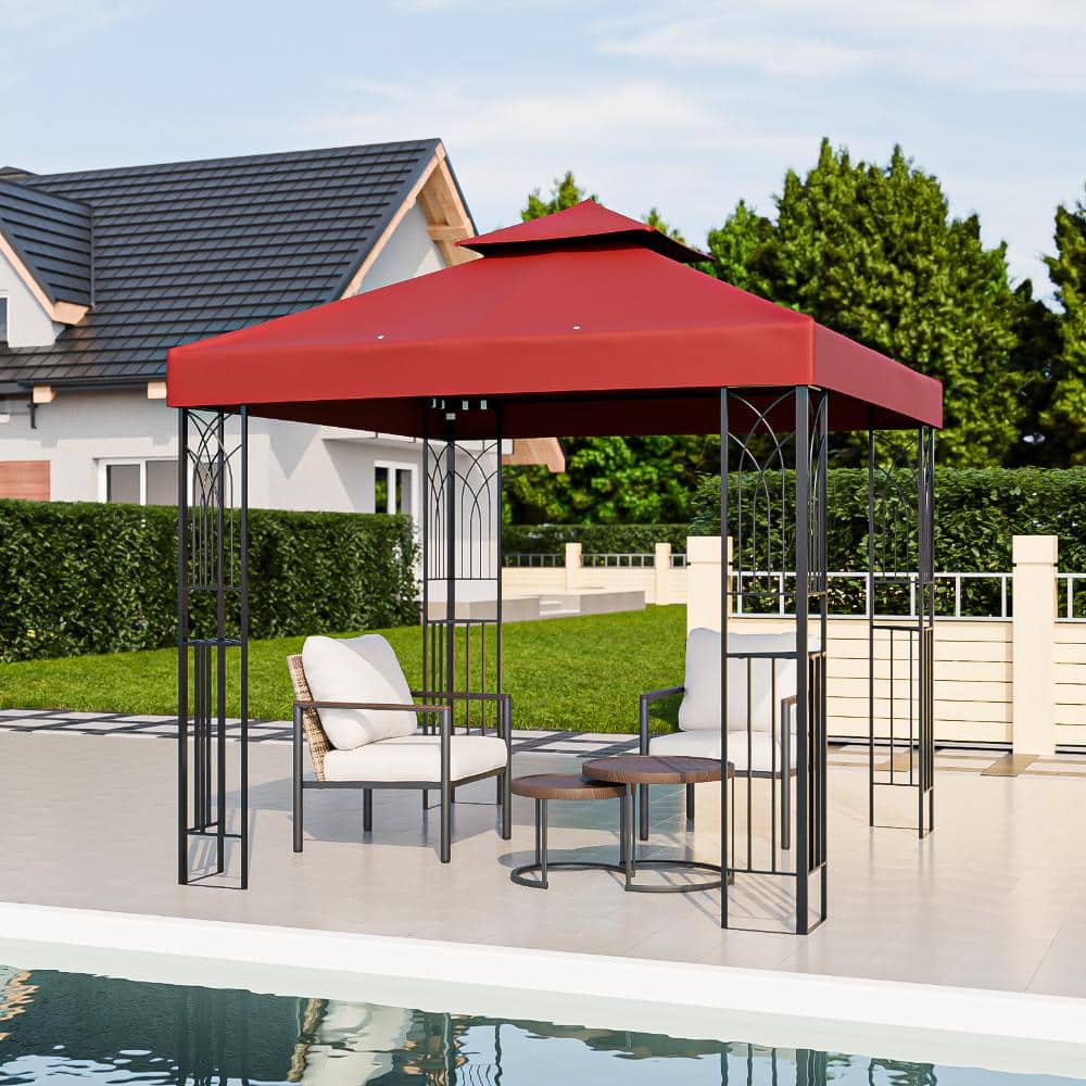 Shade Graphix 8 ft. x 8 ft. Outdoor Double-Roof Gazebo Soft-Top Roof Tent w/ Ceiling Hook Corner Shelves for Garden Patio, Red