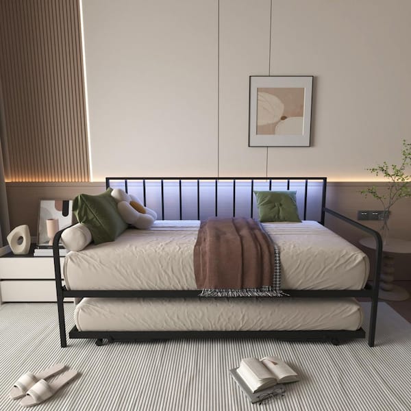 Black Metal Twin Size Daybed Frame with Charging Station and RGB LED Lights for Bedroom