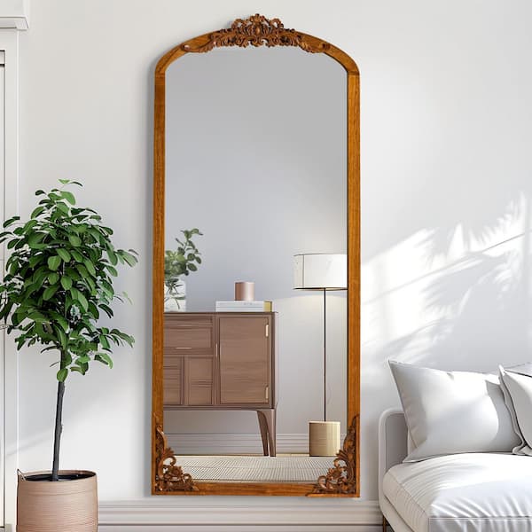 30 in W x 69 in. H Arch Ornate Mirror Accent Mirror Solid Wood Full Length Mirror Walnut