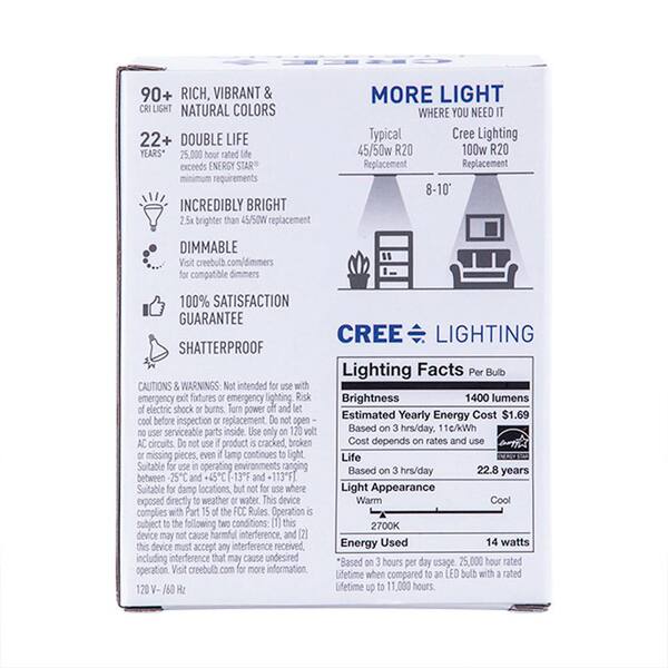 Cree 50W Equivalent Soft White (2700K) R20 Dimmable Exceptional Light Quality LED Light Bulb Cree 50W Equivalent Soft White (2700K) R20 Dimmable Exceptional Light Quality LED Light Bulb