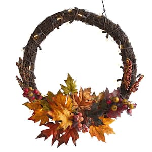 21 in. Maple Leaf and Berries Artificial Wreath with 50 Warm White LED Lights