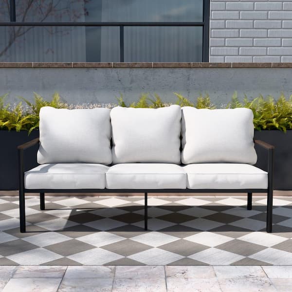 COOS BAY 3-Seat Light Brown Wicker Outdoor Patio Sofa Couch in Steel Frame with Beige Cushions