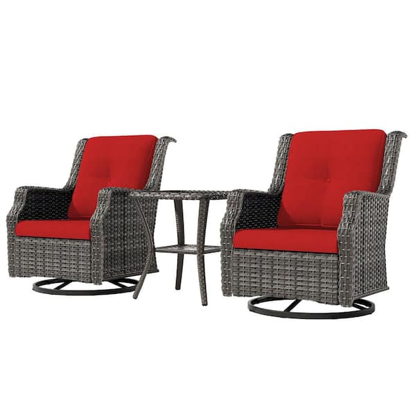 3-Pieces Wicker Outdoor Patio Furniture Sets Swivel Chair Set with Red Cushion