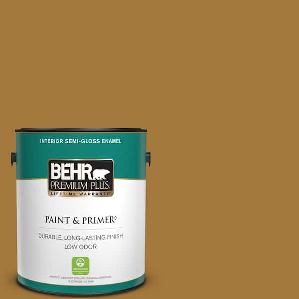 BEHR PREMIUM PLUS 1 gal. #320D-7 Victorian Gold Semi-Gloss Enamel Low Odor Interior Paint & Primer