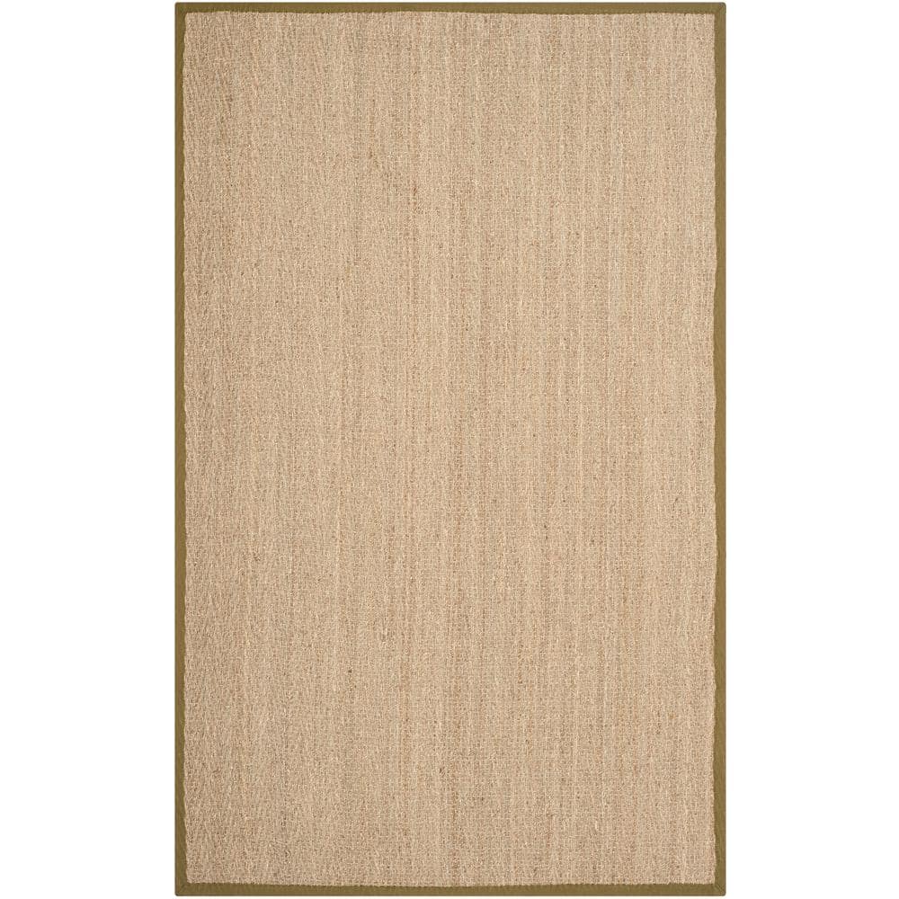 Natural Herringbone Seagrass Area Rug with Olive Border