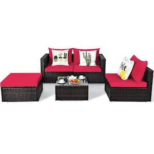 Brown 5-Piece Wicker Outdoor Patio Conversation Seating Set with Red Cushions and Coffee Table