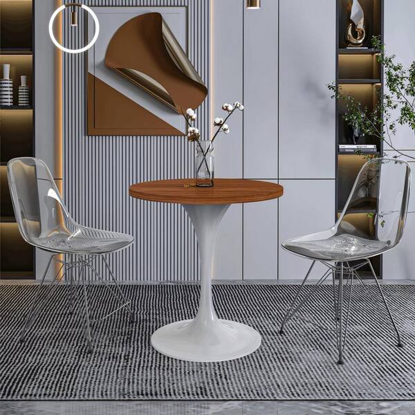 Leisuremod Verve Modern Dining Table with a 27 in. Round MDF Wood Tabletop and White Steel Pedestal Base, Cognac Brown