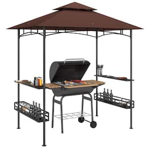 8 ft. x 5 ft. Grill Gazebo, 2-Tier Outdoor BBQ Gazebo with 2 Side Shelves, Storage Baskets and Ceiling Hook Dark Brown