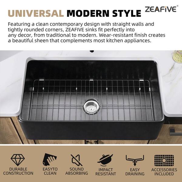 Matte Black Fireclay 33 in. Single Bowl Farmhouse Apron Workstation Kitchen  Sink with Bottom Grid and Strainer