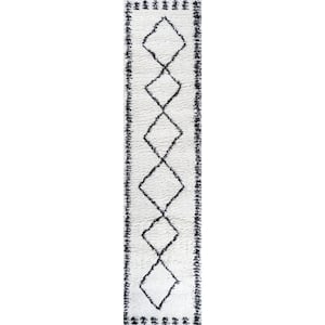 Calvia White/Black 2 ft. x 10 ft. Moroccan Diamond Shag Runner Rug