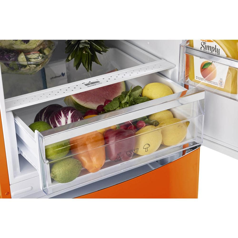 Creamsicle Orange Retro Bottom Freezer Refrigerator with Chrome Handles