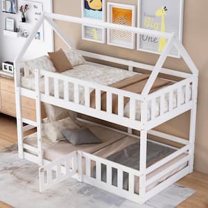 White Twin over Twin Wood House Bunk Bed with Roof, Safety Fence Bedrail with Door