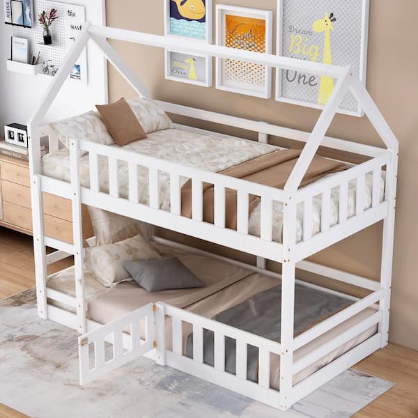 Harper & Bright Designs White Twin Over Twin Wood House Bunk Bed With ...