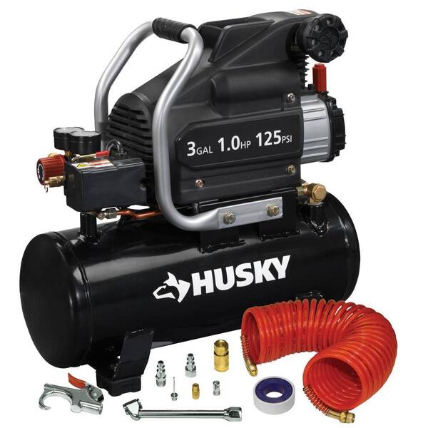 Husky 3 Gal. Portable Electric Air Compressor with 9-Piece Accessory Kit and 25 ft. Coil Hose