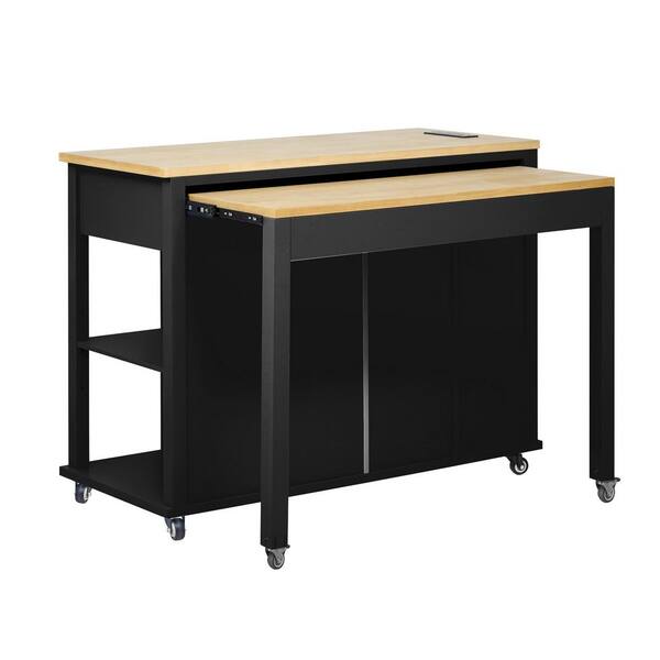 Ziyudura Black Rubber Wood Veneer Top 47 in. Kitchen Island with