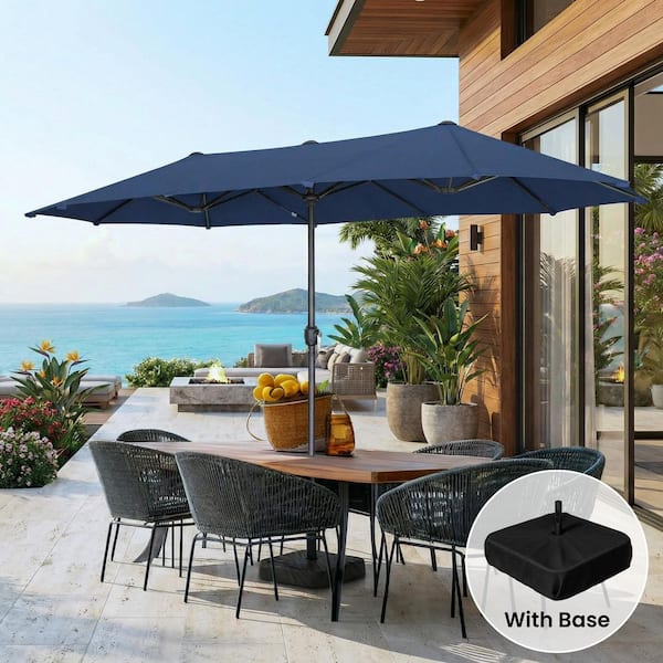 15 ft. Large Double-Sided Patio Umbrella with Sandbag Base Fillable up to 160LB and Crank in Navy Blue for Backyard