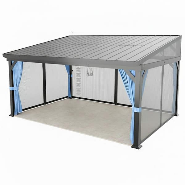 14 ft. x 10 ft. Wall Mounted Hardtop Lean-To Gazebo with Galvanized Steel Roof, Blue Curtains and Netting